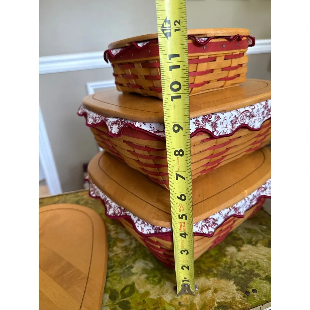 Longaberger Woodcrafts Heart Basket Set 3 Nesting Baskets Lids Toile Liners Red